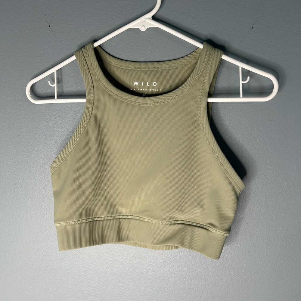 WILO The Label Ribbed High Neck Crop Top Sage Green Medium Athleisure Yoga Tank